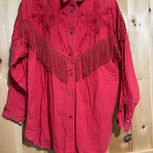 Vintage Western Dream: Red Fringe & Floral Embroidered Shirt